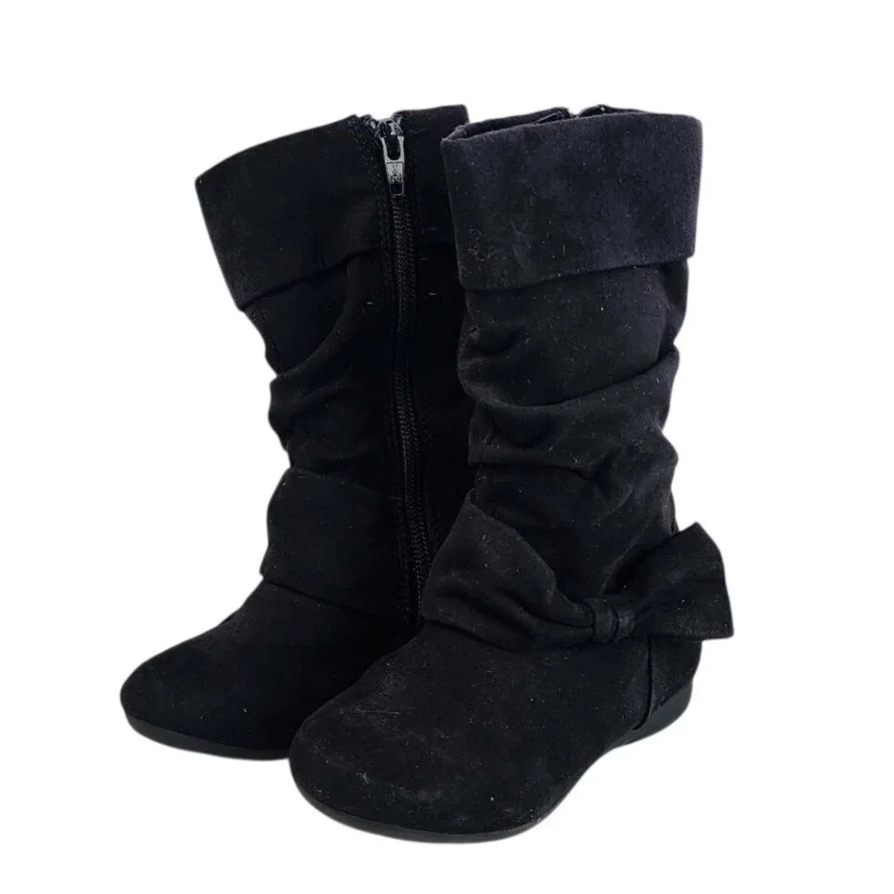 Kids Black Slouch Boots Bow Side Zipper Ankle Flat Heel Size‎ 7M